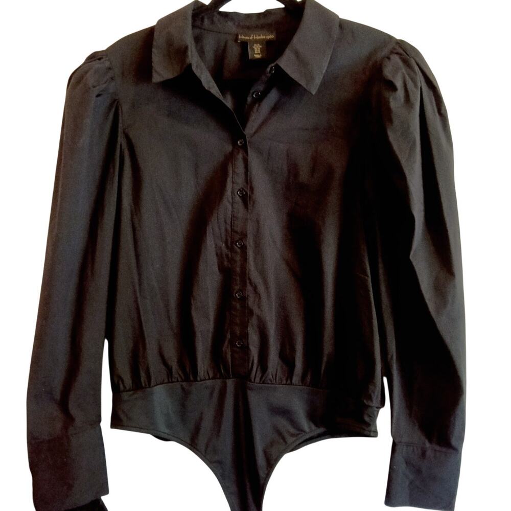 House of Harlow 1960 Bodysuit XL Black Puff Sleeve Button Front Blouse Top